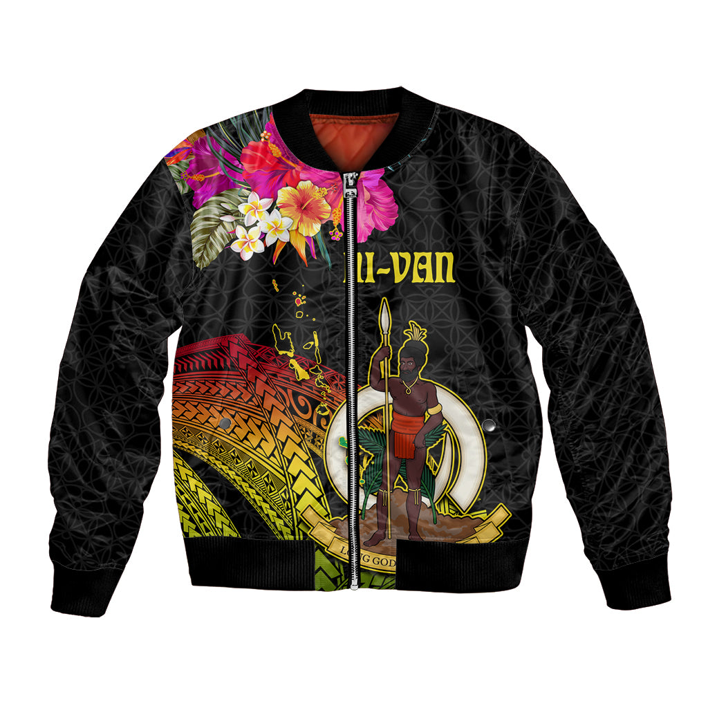 Vanuatu Ni-Van Bomber Jacket Coat of Arms Sand Drawing LT03 Unisex Black - Polynesian Pride
