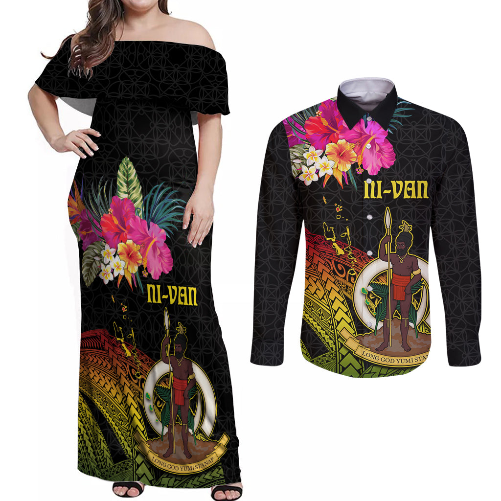 Vanuatu Ni-Van Couples Matching Off Shoulder Maxi Dress and Long Sleeve Button Shirt Coat of Arms Sand Drawing