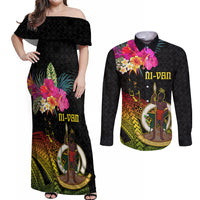 Vanuatu Ni-Van Couples Matching Off Shoulder Maxi Dress and Long Sleeve Button Shirt Coat of Arms Sand Drawing