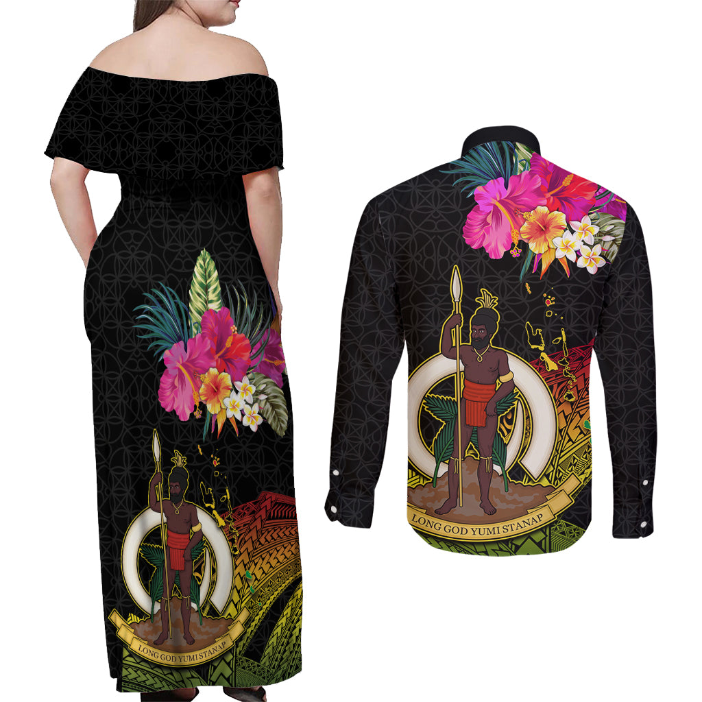 Vanuatu Ni-Van Couples Matching Off Shoulder Maxi Dress and Long Sleeve Button Shirt Coat of Arms Sand Drawing