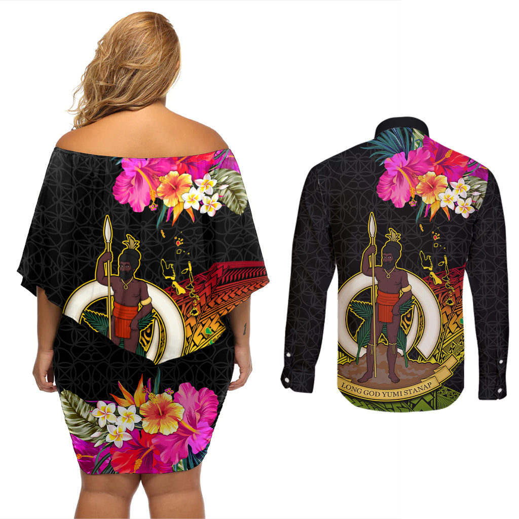 Vanuatu Ni-Van Couples Matching Off Shoulder Short Dress and Long Sleeve Button Shirt Coat of Arms Sand Drawing