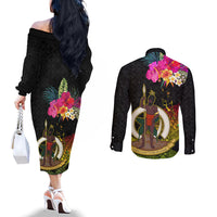 Vanuatu Ni-Van Couples Matching Off The Shoulder Long Sleeve Dress and Long Sleeve Button Shirt Coat of Arms Sand Drawing