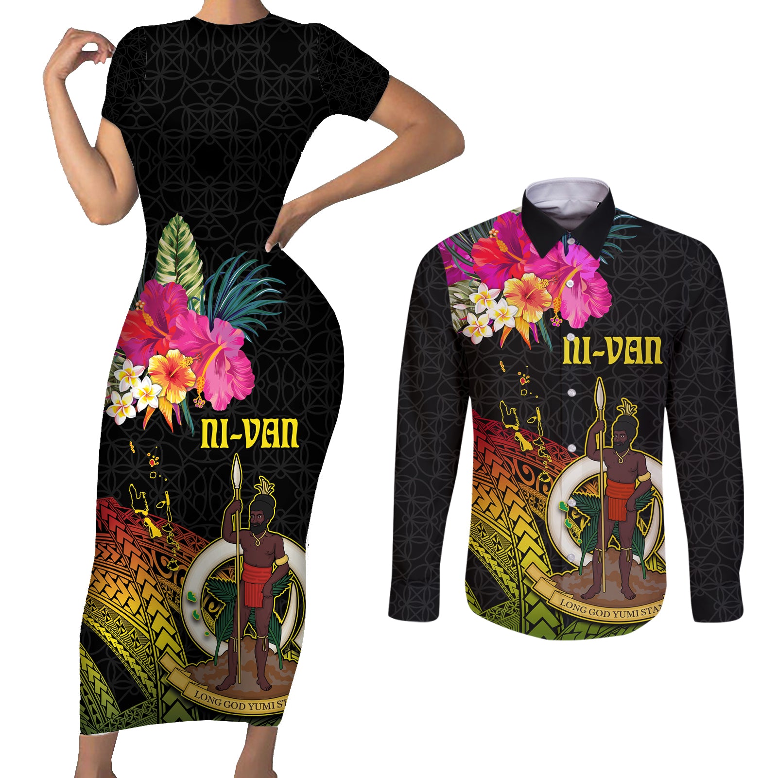 Vanuatu Ni-Van Couples Matching Short Sleeve Bodycon Dress and Long Sleeve Button Shirt Coat of Arms Sand Drawing