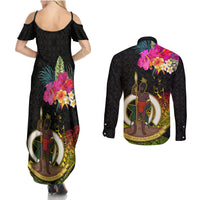 Vanuatu Ni-Van Couples Matching Summer Maxi Dress and Long Sleeve Button Shirt Coat of Arms Sand Drawing