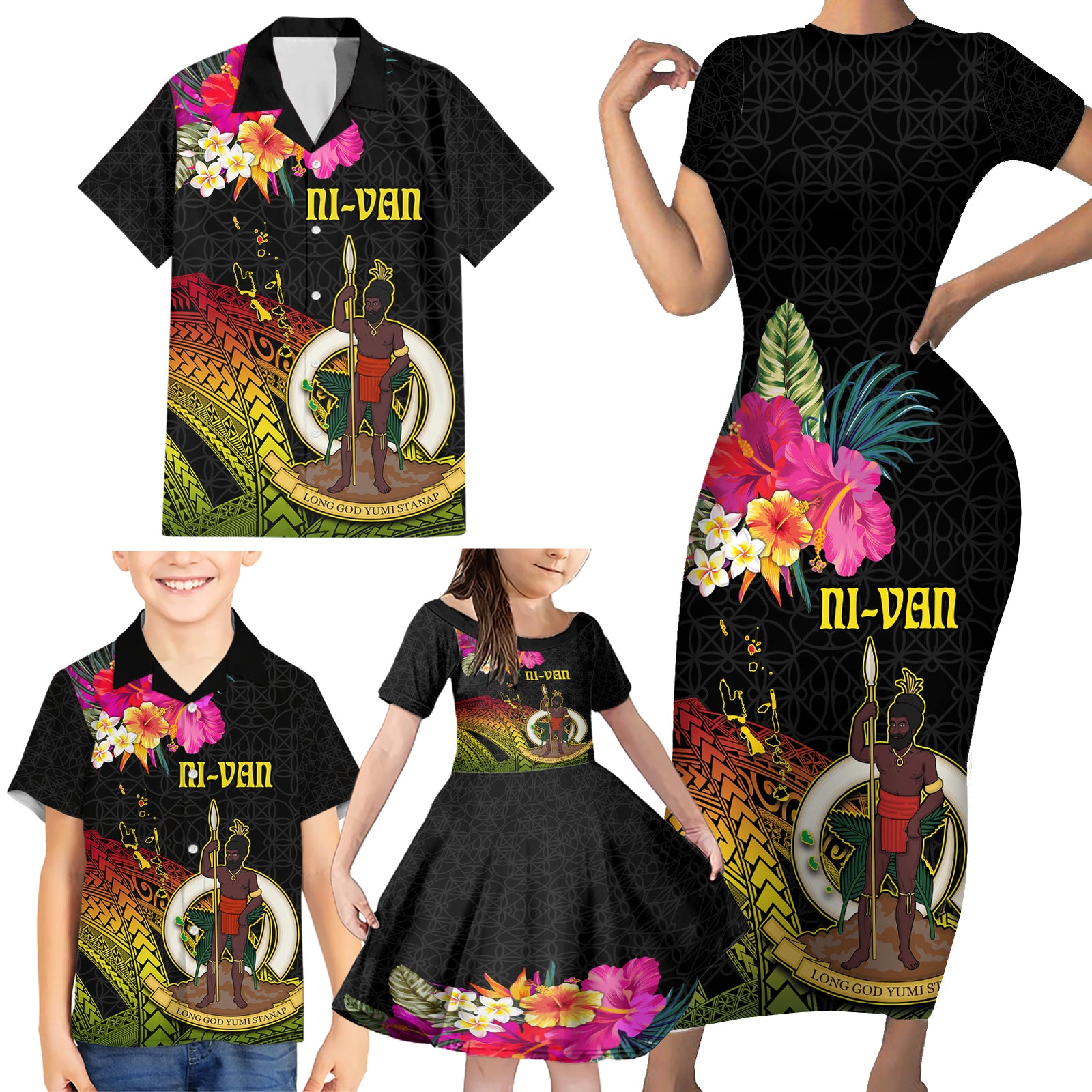 Vanuatu Ni-Van Family Matching Short Sleeve Bodycon Dress and Hawaiian Shirt Coat of Arms Sand Drawing LT03 - Polynesian Pride