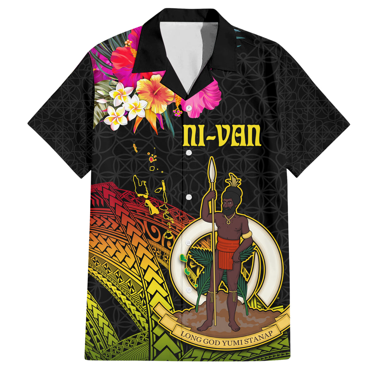 Vanuatu Ni-Van Family Matching Short Sleeve Bodycon Dress and Hawaiian Shirt Coat of Arms Sand Drawing