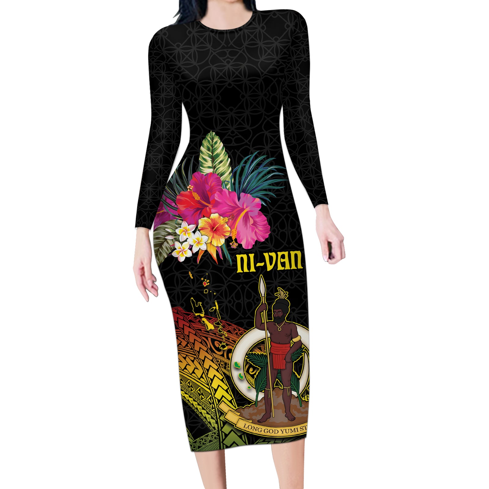 Vanuatu Ni-Van Long Sleeve Bodycon Dress Coat of Arms Sand Drawing LT03 Long Dress Black - Polynesian Pride