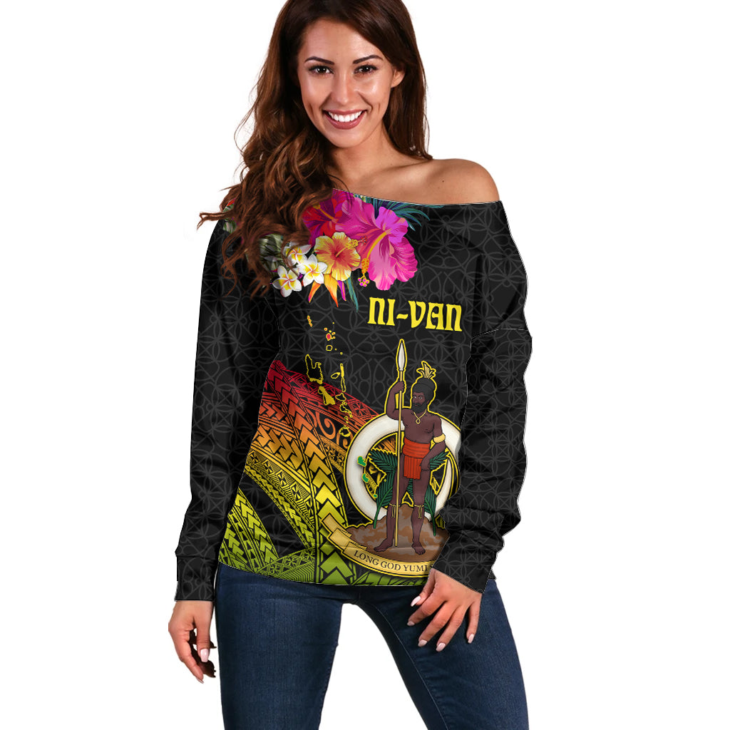 Vanuatu Ni-Van Off Shoulder Sweater Coat of Arms Sand Drawing LT03 Women Black - Polynesian Pride