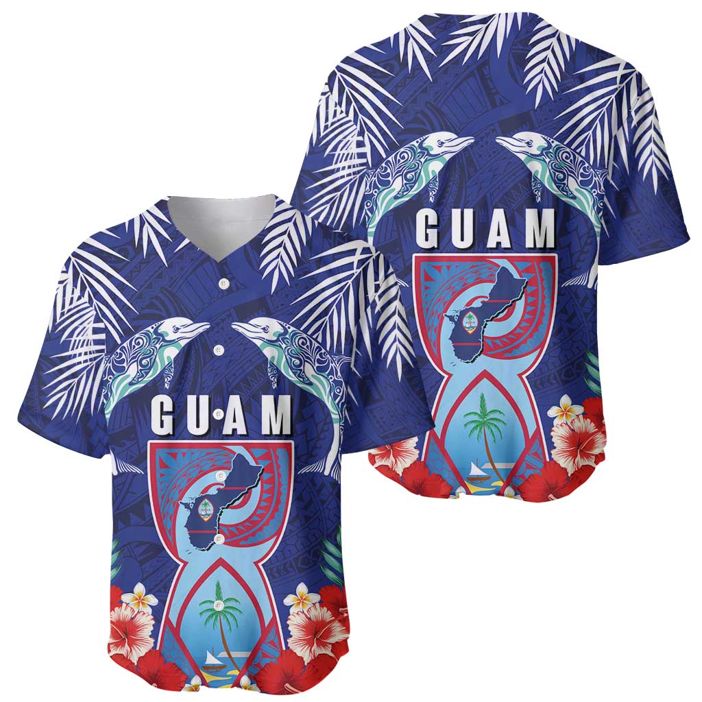 Guam Liberation Day Baseball Jersey The Tribal Latte Stone and Dolphins with Hibiscus Chamorro Culture