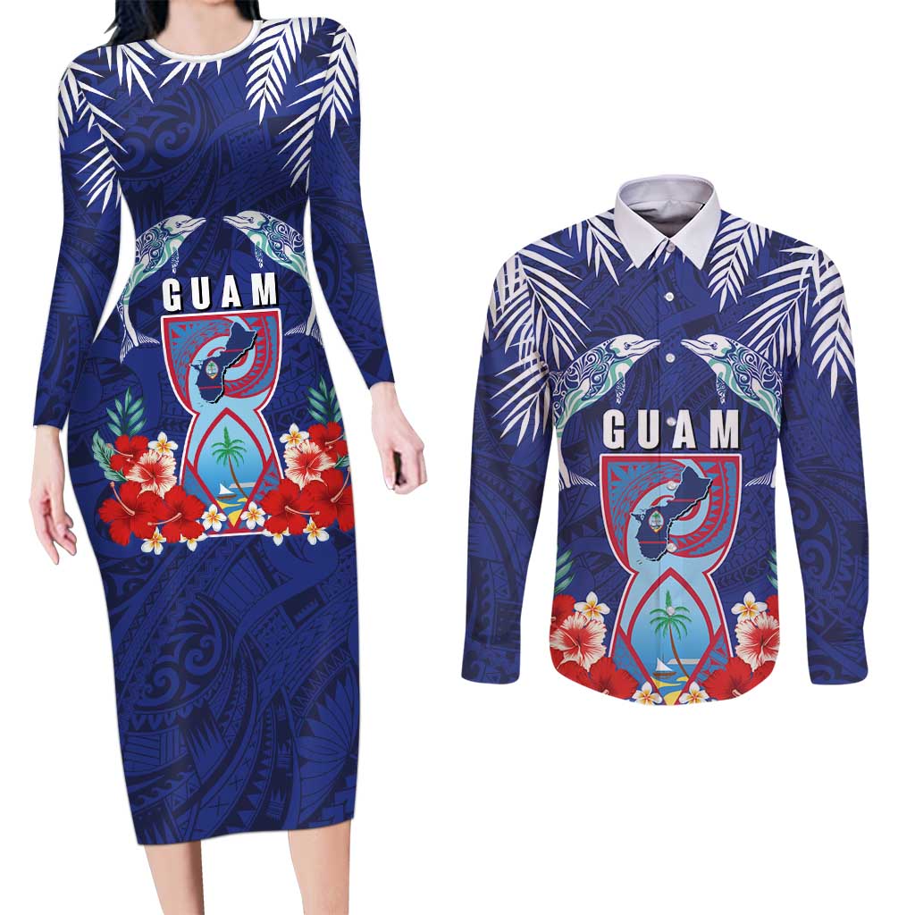 Guam Liberation Day Couples Matching Long Sleeve Bodycon Dress and Long Sleeve Button Shirt The Tribal Latte Stone and Dolphins with Hibiscus Chamorro Culture