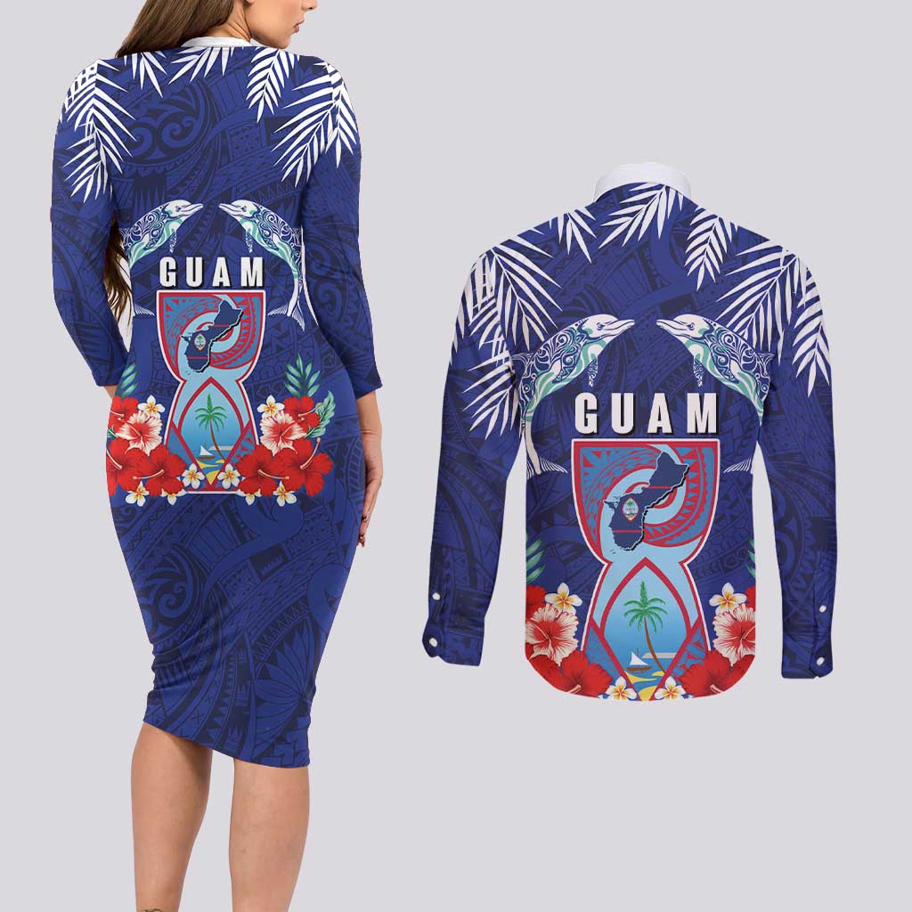 Guam Liberation Day Couples Matching Long Sleeve Bodycon Dress and Long Sleeve Button Shirt The Tribal Latte Stone and Dolphins with Hibiscus Chamorro Culture