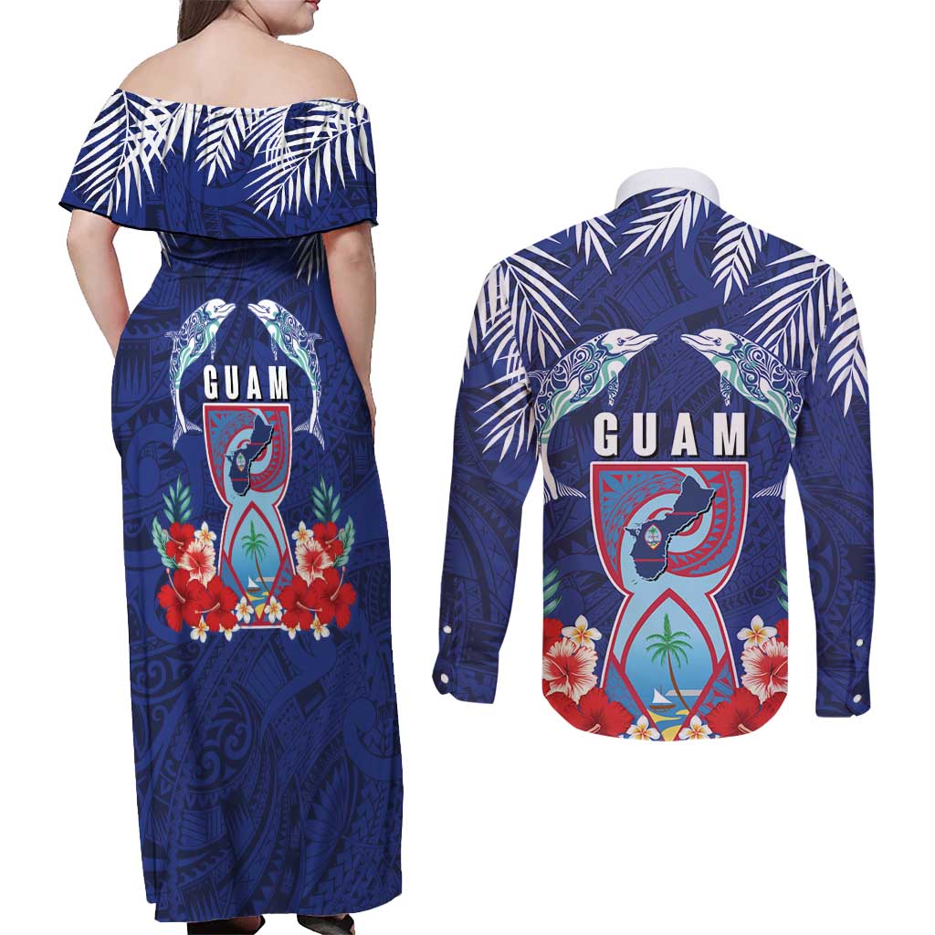 Guam Liberation Day Couples Matching Off Shoulder Maxi Dress and Long Sleeve Button Shirt The Tribal Latte Stone and Dolphins with Hibiscus Chamorro Culture
