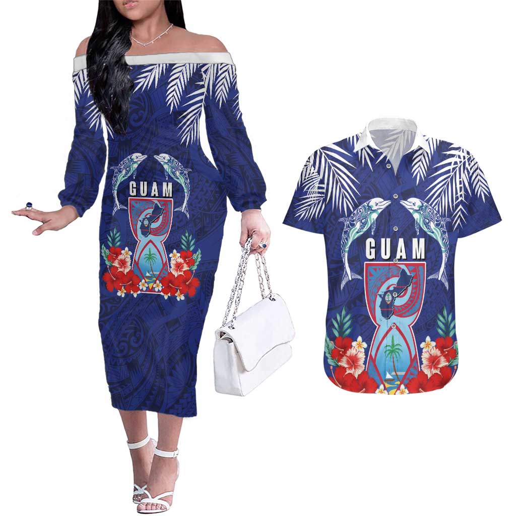 Guam Liberation Day Couples Matching Off The Shoulder Long Sleeve Dress and Hawaiian Shirt The Tribal Latte Stone and Dolphins with Hibiscus Chamorro Culture