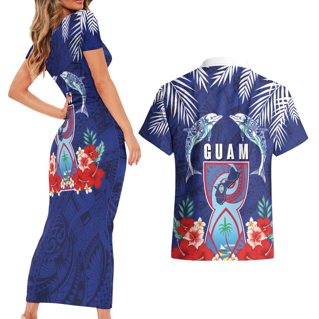 Guam Liberation Day Couples Matching Short Sleeve Bodycon Dress and Hawaiian Shirt The Tribal Latte Stone and Dolphins with Hibiscus Chamorro Culture