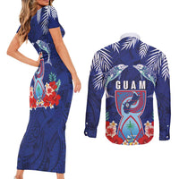 Guam Liberation Day Couples Matching Short Sleeve Bodycon Dress and Long Sleeve Button Shirt The Tribal Latte Stone and Dolphins with Hibiscus Chamorro Culture