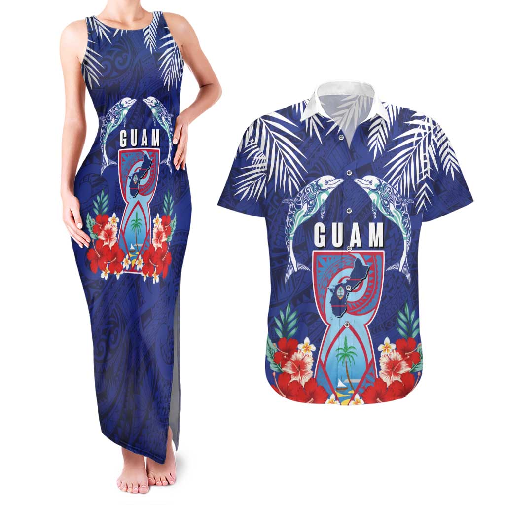 Guam Liberation Day Couples Matching Tank Maxi Dress and Hawaiian Shirt The Tribal Latte Stone and Dolphins with Hibiscus Chamorro Culture
