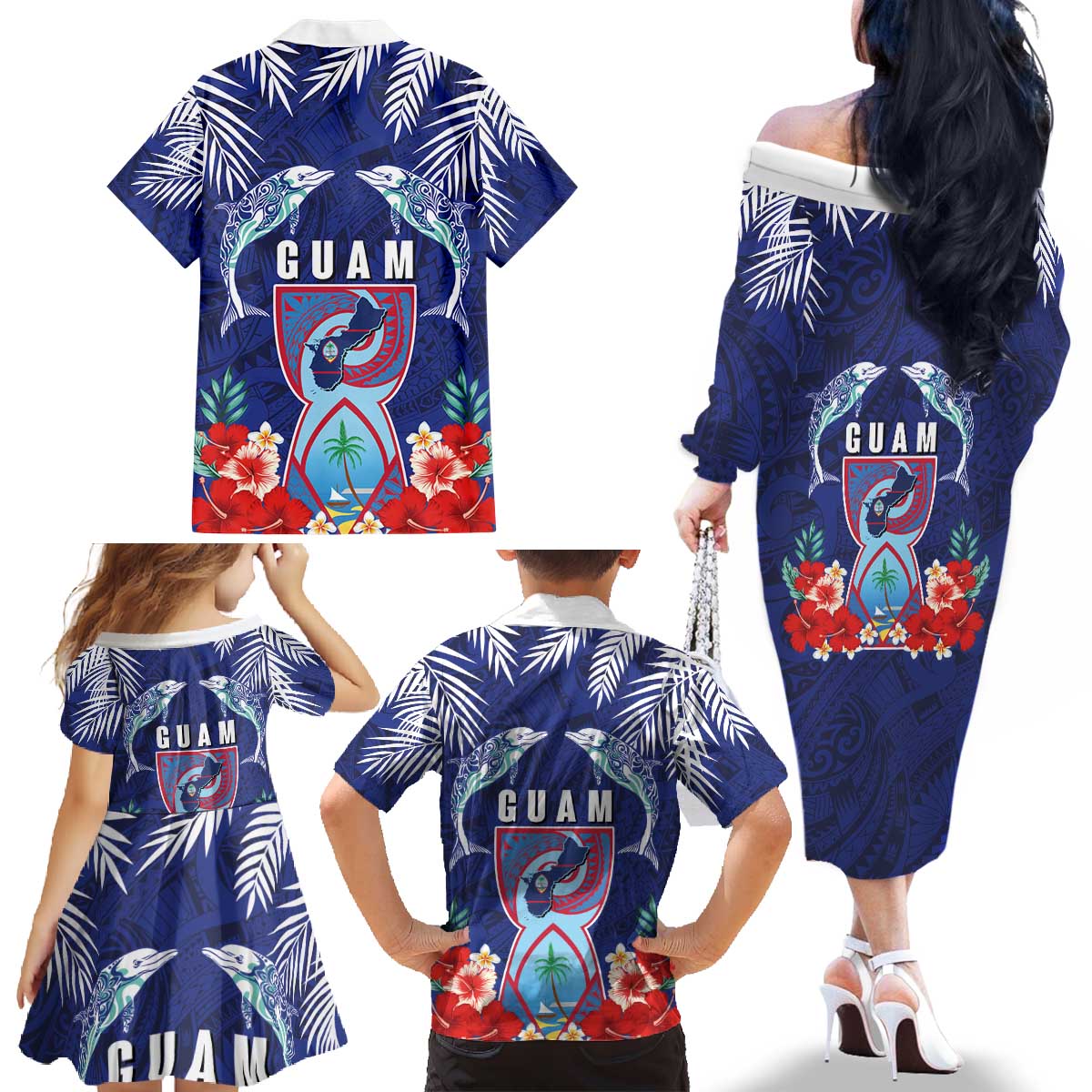 Guam Liberation Day Family Matching Off The Shoulder Long Sleeve Dress and Hawaiian Shirt The Tribal Latte Stone and Dolphins with Hibiscus Chamorro Culture