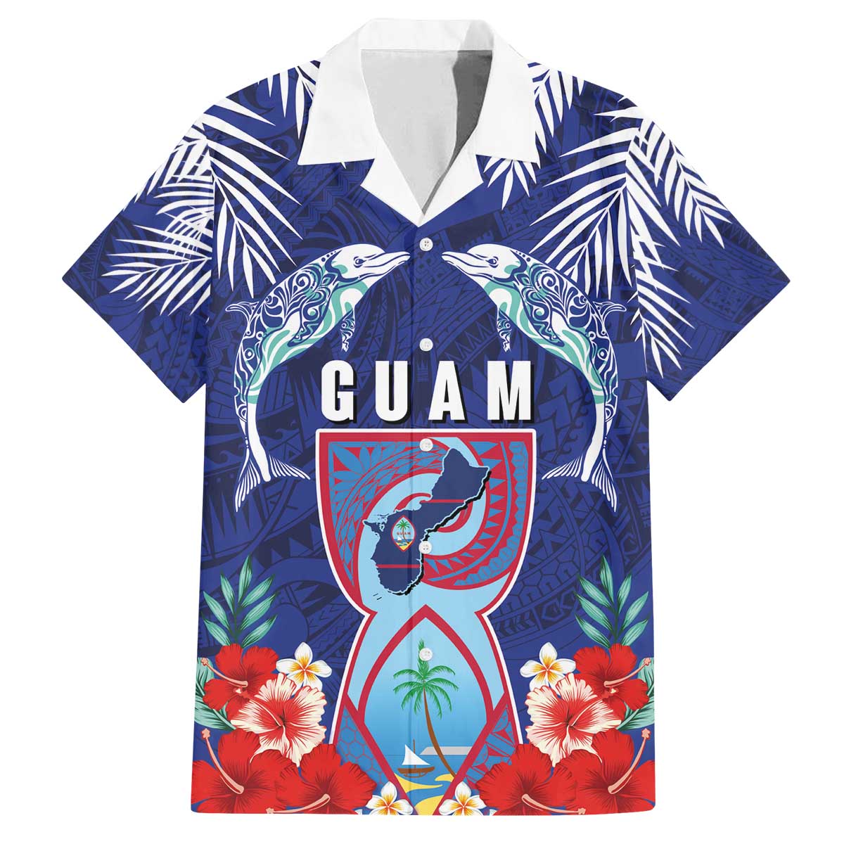Guam Liberation Day Family Matching Off The Shoulder Long Sleeve Dress and Hawaiian Shirt The Tribal Latte Stone and Dolphins with Hibiscus Chamorro Culture