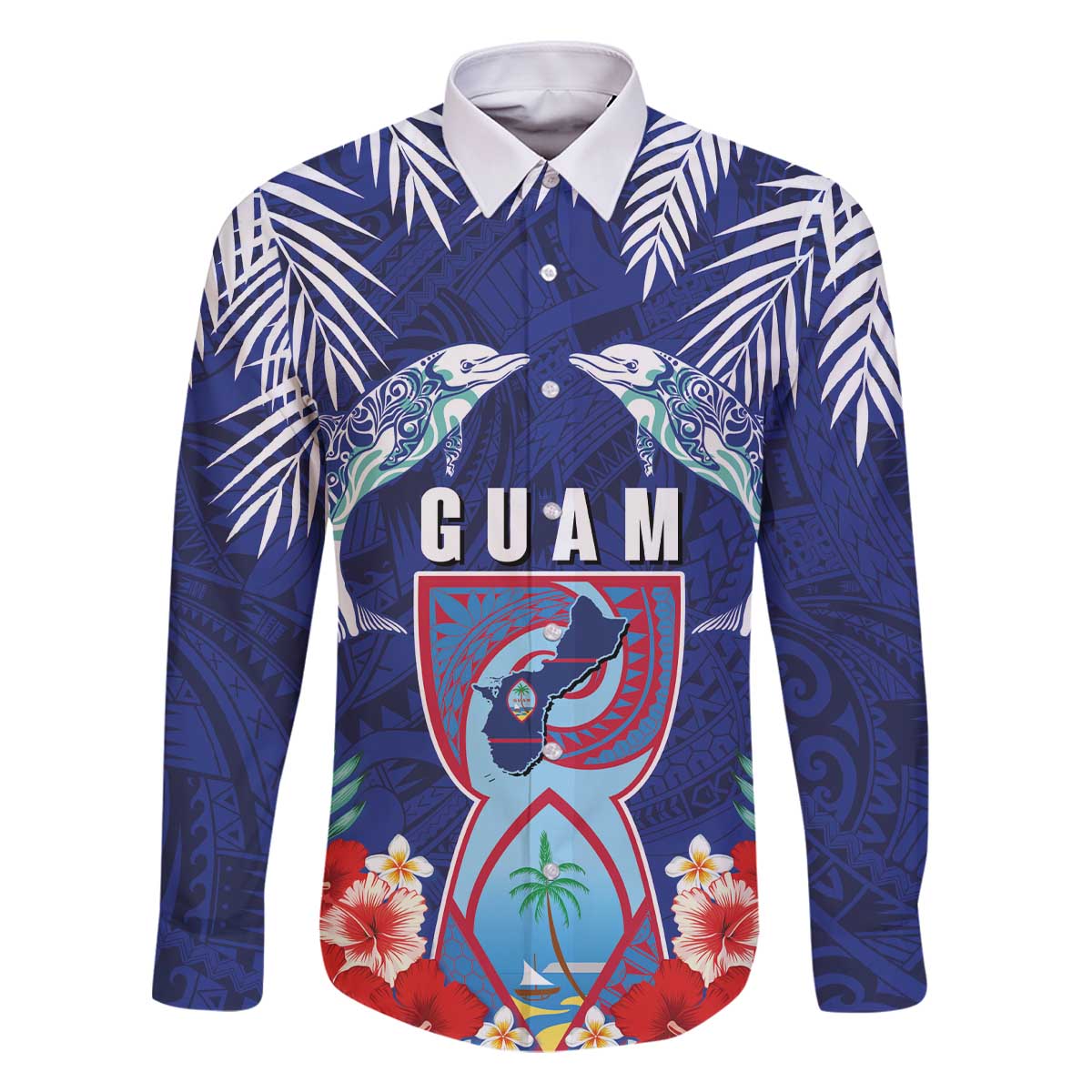 Guam Liberation Day Family Matching Off The Shoulder Long Sleeve Dress and Hawaiian Shirt The Tribal Latte Stone and Dolphins with Hibiscus Chamorro Culture