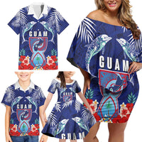 Guam Liberation Day Family Matching Off Shoulder Short Dress and Hawaiian Shirt The Tribal Latte Stone and Dolphins with Hibiscus Chamorro Culture