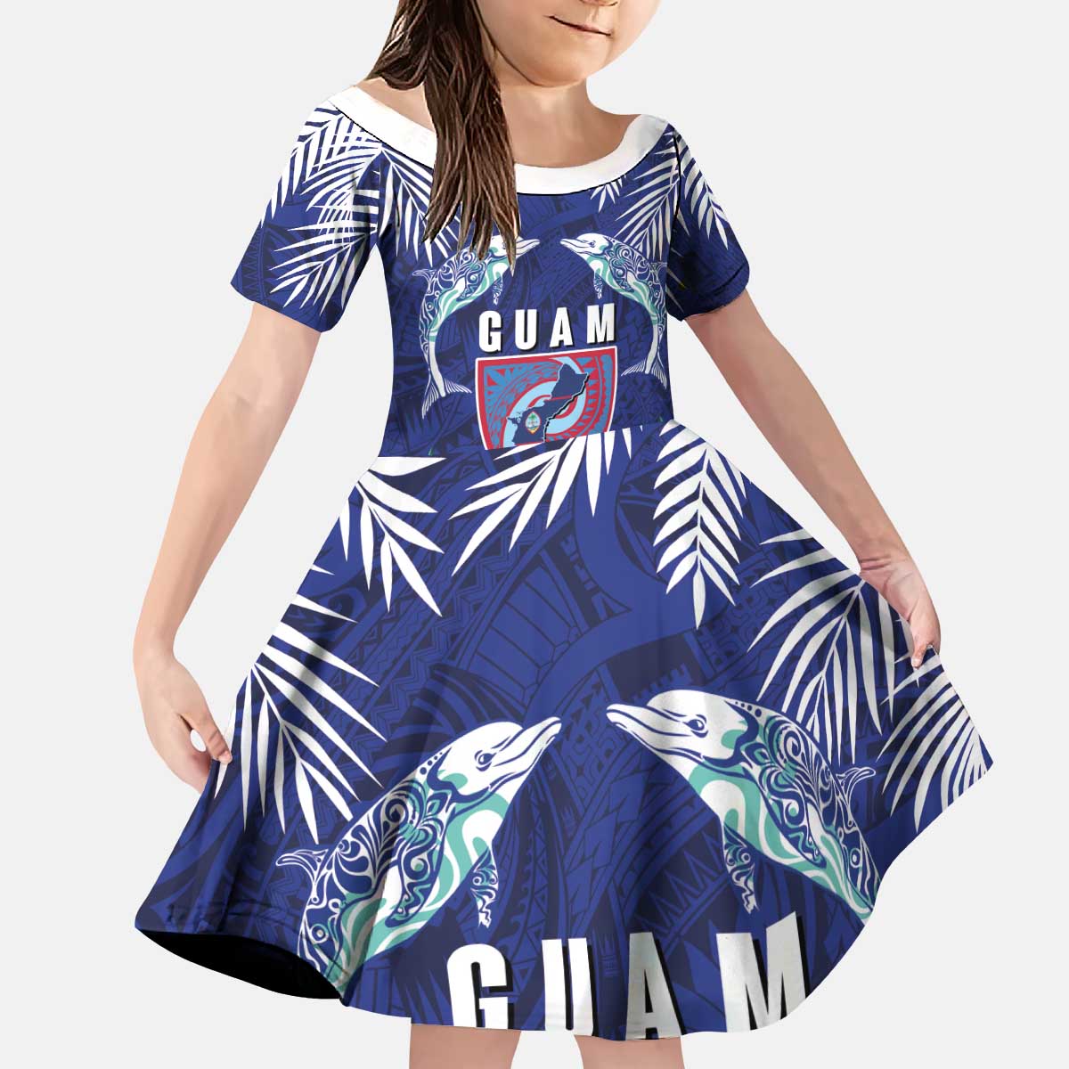 Guam Liberation Day Kid Short Sleeve Dress The Tribal Latte Stone and Dolphins with Hibiscus Chamorro Culture
