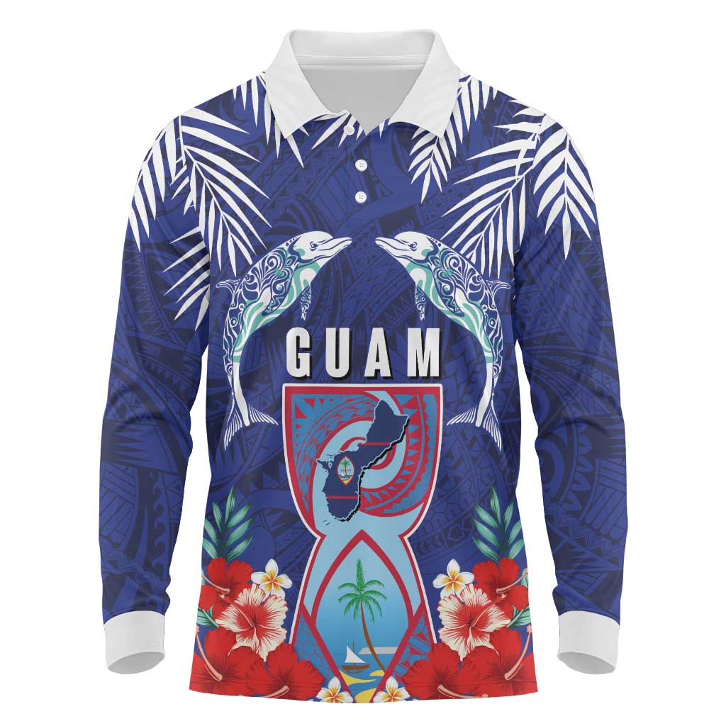 Guam Liberation Day Long Sleeve Polo Shirt The Tribal Latte Stone and Dolphins with Hibiscus Chamorro Culture