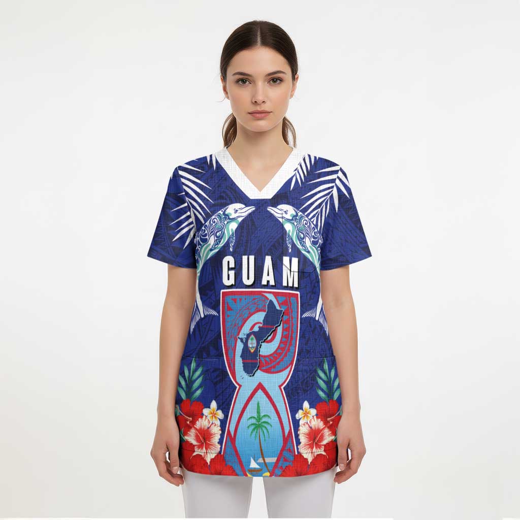 Guam Liberation Day Scrub Top The Tribal Latte Stone and Dolphins with Hibiscus Chamorro Culture - Polynesian Pride