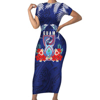 Guam Liberation Day Short Sleeve Bodycon Dress The Tribal Latte Stone and Dolphins with Hibiscus Chamorro Culture