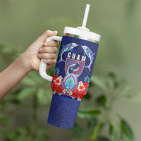 Guam Liberation Day Tumbler With Handle The Tribal Latte Stone and Dolphins with Hibiscus Chamorro Culture