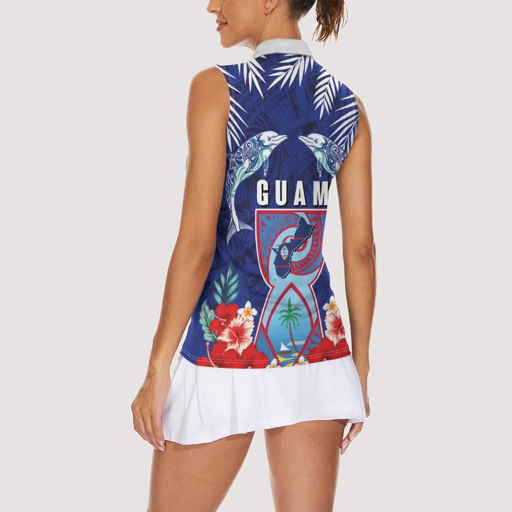 Guam Liberation Day Women Sleeveless Polo Shirt The Tribal Latte Stone and Dolphins with Hibiscus Chamorro Culture