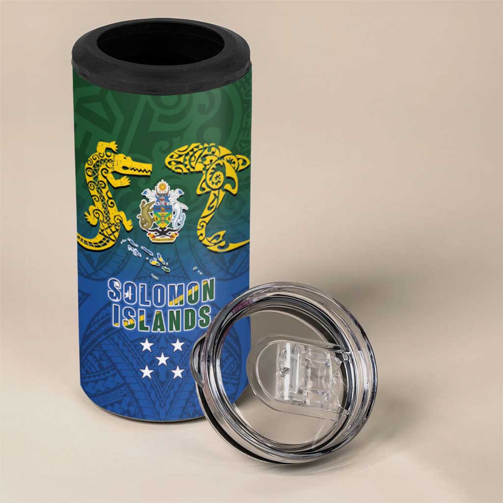 Solomon Islands 4 in 1 Can Cooler Tumbler The Guardians-Tribal Crocodile and Shark Melanesian Tattoo