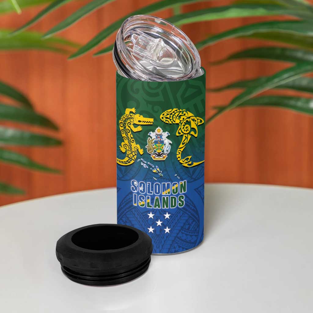 Solomon Islands 4 in 1 Can Cooler Tumbler The Guardians-Tribal Crocodile and Shark Melanesian Tattoo