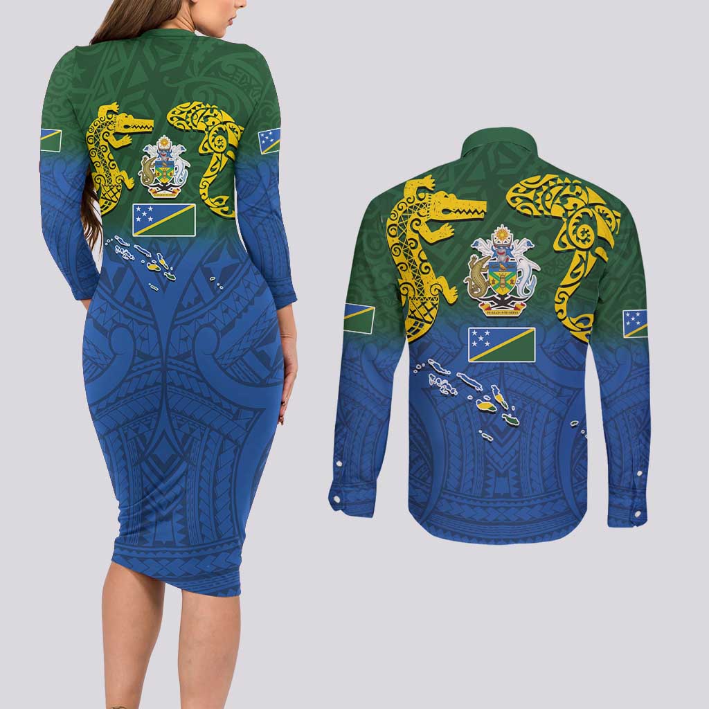 Solomon Islands Couples Matching Long Sleeve Bodycon Dress and Long Sleeve Button Shirt The Guardians-Tribal Crocodile and Shark Melanesian Tattoo