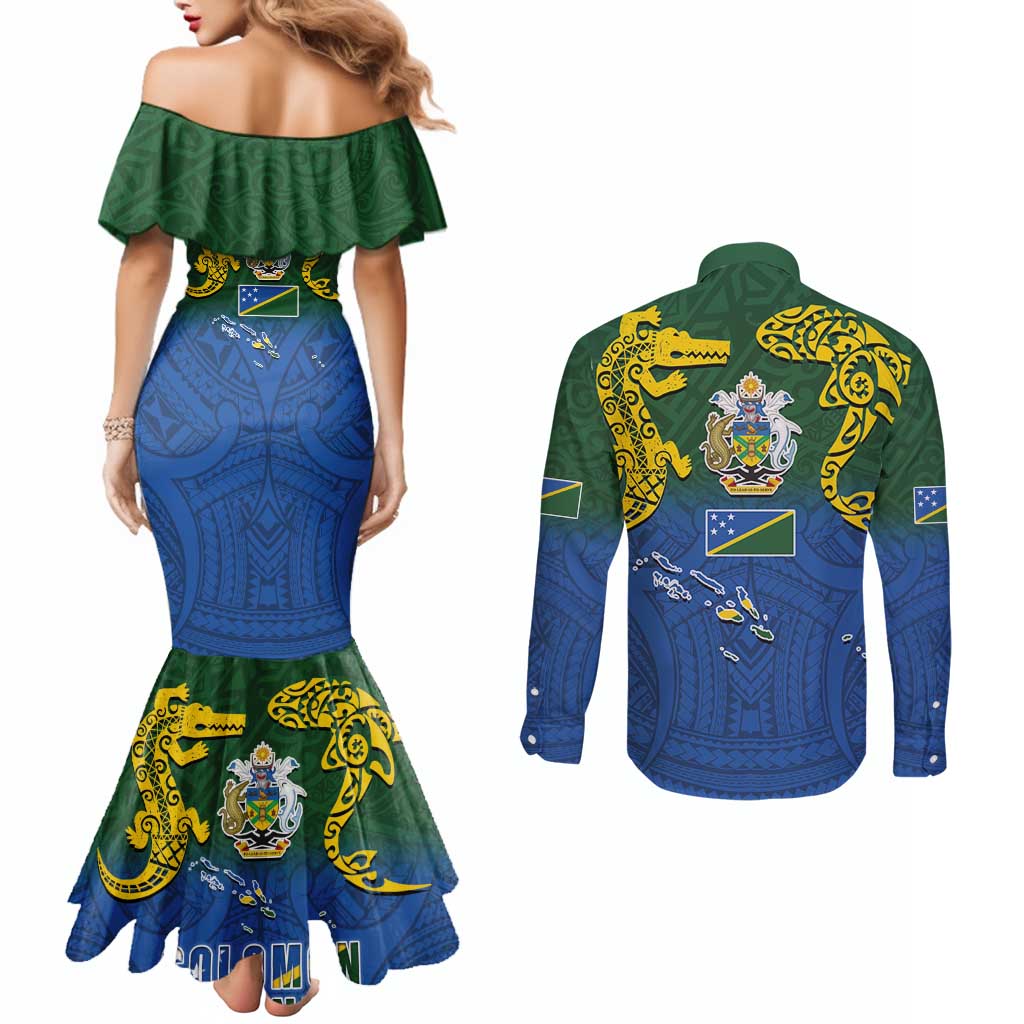 Solomon Islands Couples Matching Mermaid Dress and Long Sleeve Button Shirt The Guardians-Tribal Crocodile and Shark Melanesian Tattoo