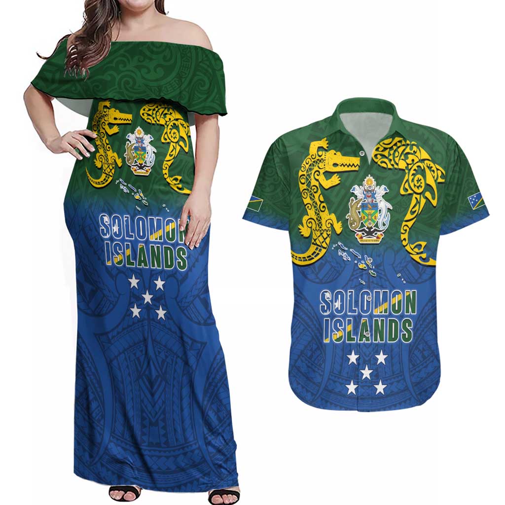 Solomon Islands Couples Matching Off Shoulder Maxi Dress and Hawaiian Shirt The Guardians-Tribal Crocodile and Shark Melanesian Tattoo