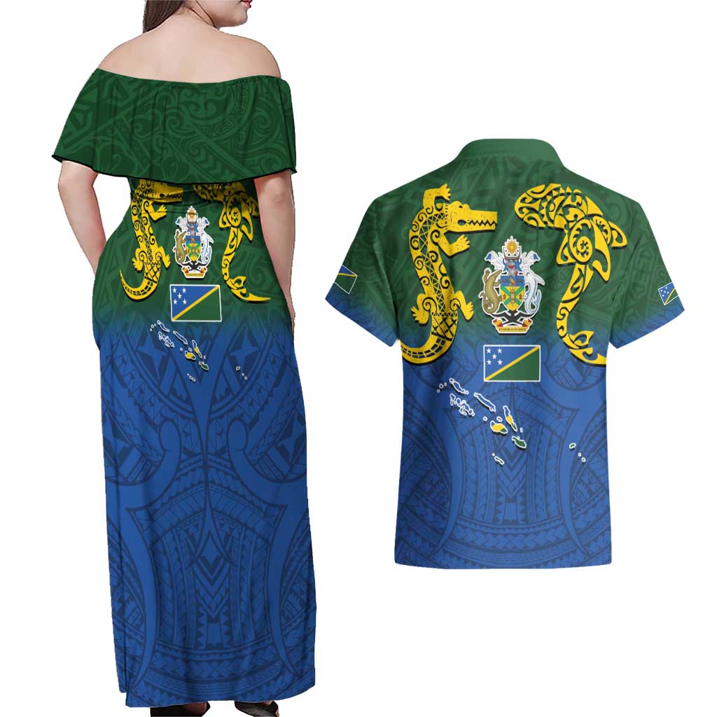 Solomon Islands Couples Matching Off Shoulder Maxi Dress and Hawaiian Shirt The Guardians-Tribal Crocodile and Shark Melanesian Tattoo