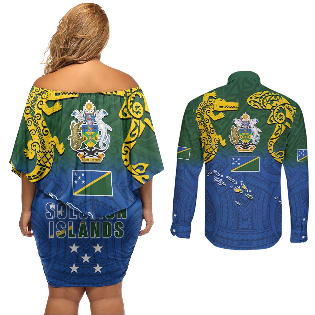 Solomon Islands Couples Matching Off Shoulder Short Dress and Long Sleeve Button Shirt The Guardians-Tribal Crocodile and Shark Melanesian Tattoo