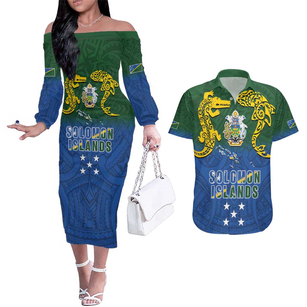 Solomon Islands Couples Matching Off The Shoulder Long Sleeve Dress and Hawaiian Shirt The Guardians-Tribal Crocodile and Shark Melanesian Tattoo