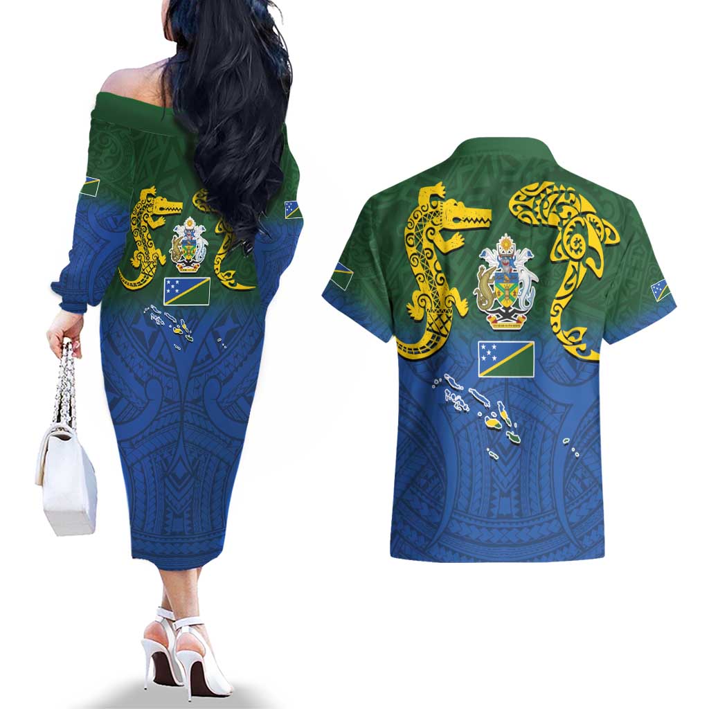 Solomon Islands Couples Matching Off The Shoulder Long Sleeve Dress and Hawaiian Shirt The Guardians-Tribal Crocodile and Shark Melanesian Tattoo
