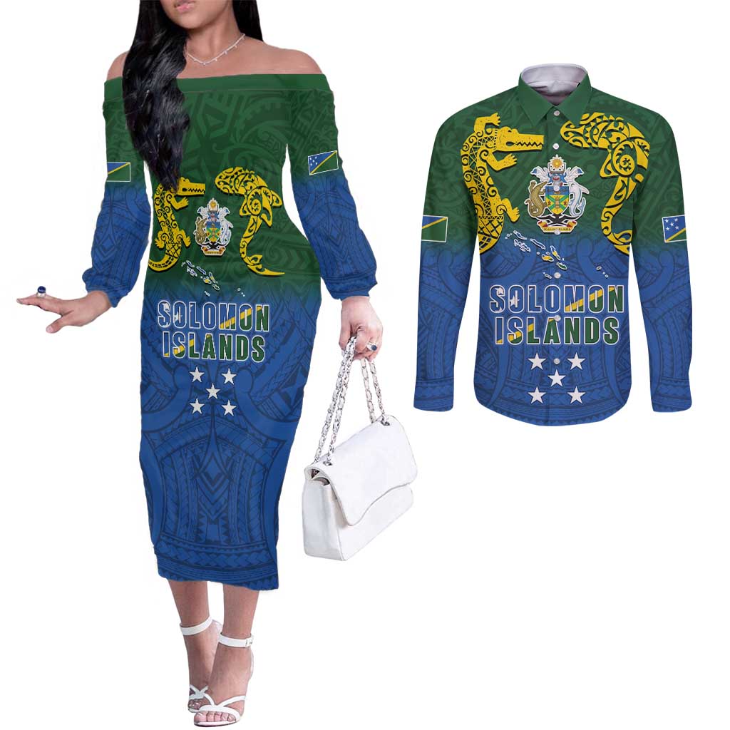 Solomon Islands Couples Matching Off The Shoulder Long Sleeve Dress and Long Sleeve Button Shirt The Guardians-Tribal Crocodile and Shark Melanesian Tattoo