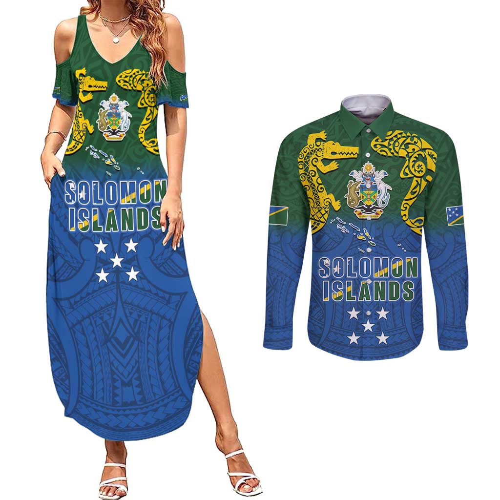 Solomon Islands Couples Matching Summer Maxi Dress and Long Sleeve Button Shirt The Guardians-Tribal Crocodile and Shark Melanesian Tattoo