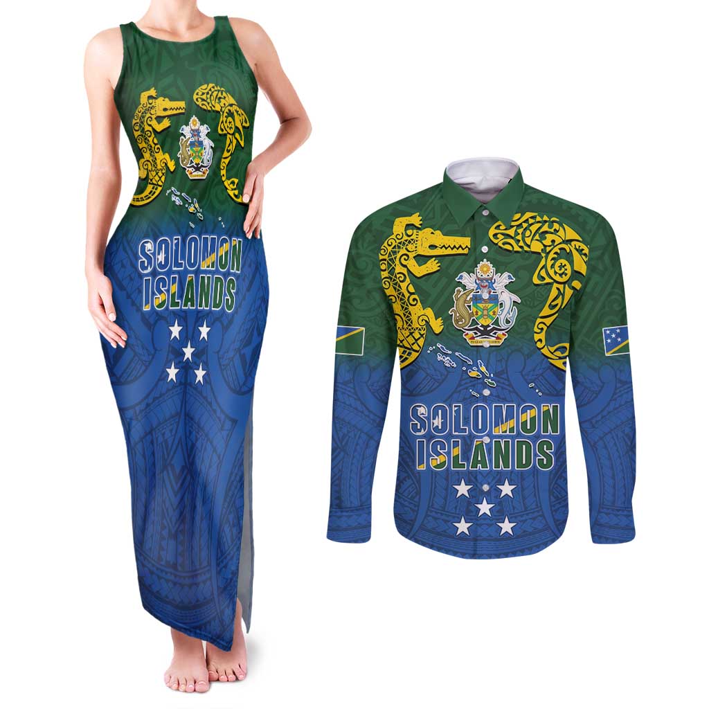 Solomon Islands Couples Matching Tank Maxi Dress and Long Sleeve Button Shirt The Guardians-Tribal Crocodile and Shark Melanesian Tattoo