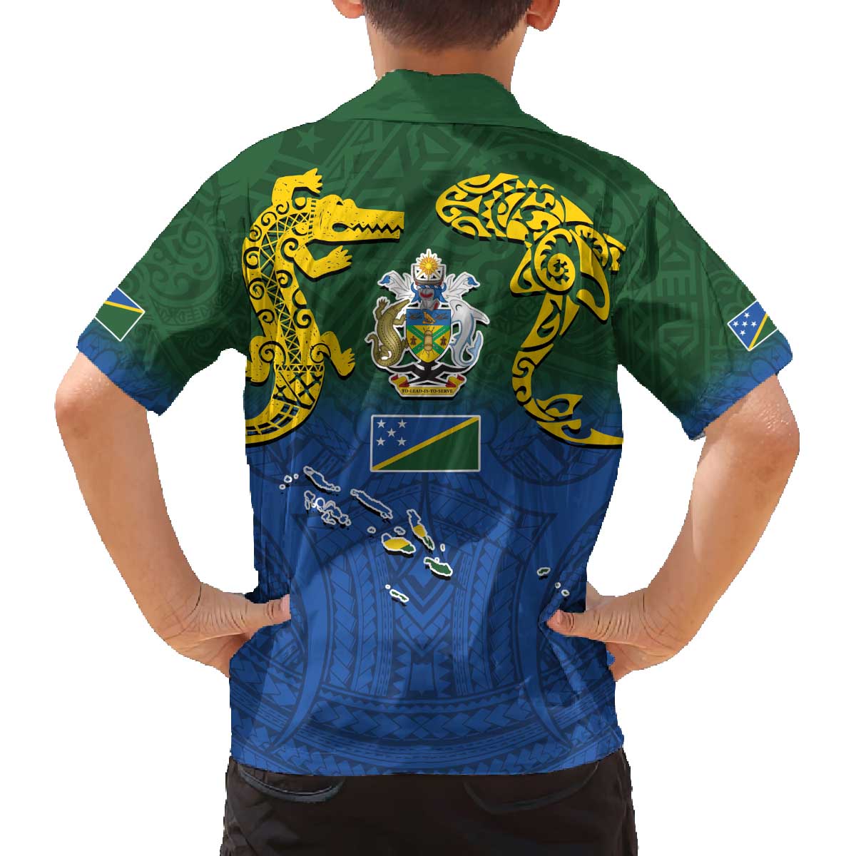 Solomon Islands Family Matching Off The Shoulder Long Sleeve Dress and Hawaiian Shirt The Guardians-Tribal Crocodile and Shark Melanesian Tattoo