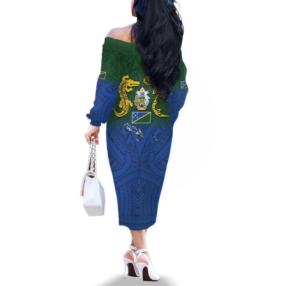 Solomon Islands Family Matching Off The Shoulder Long Sleeve Dress and Hawaiian Shirt The Guardians-Tribal Crocodile and Shark Melanesian Tattoo