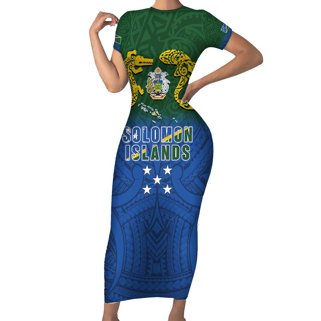 Solomon Islands Family Matching Short Sleeve Bodycon Dress and Hawaiian Shirt The Guardians-Tribal Crocodile and Shark Melanesian Tattoo