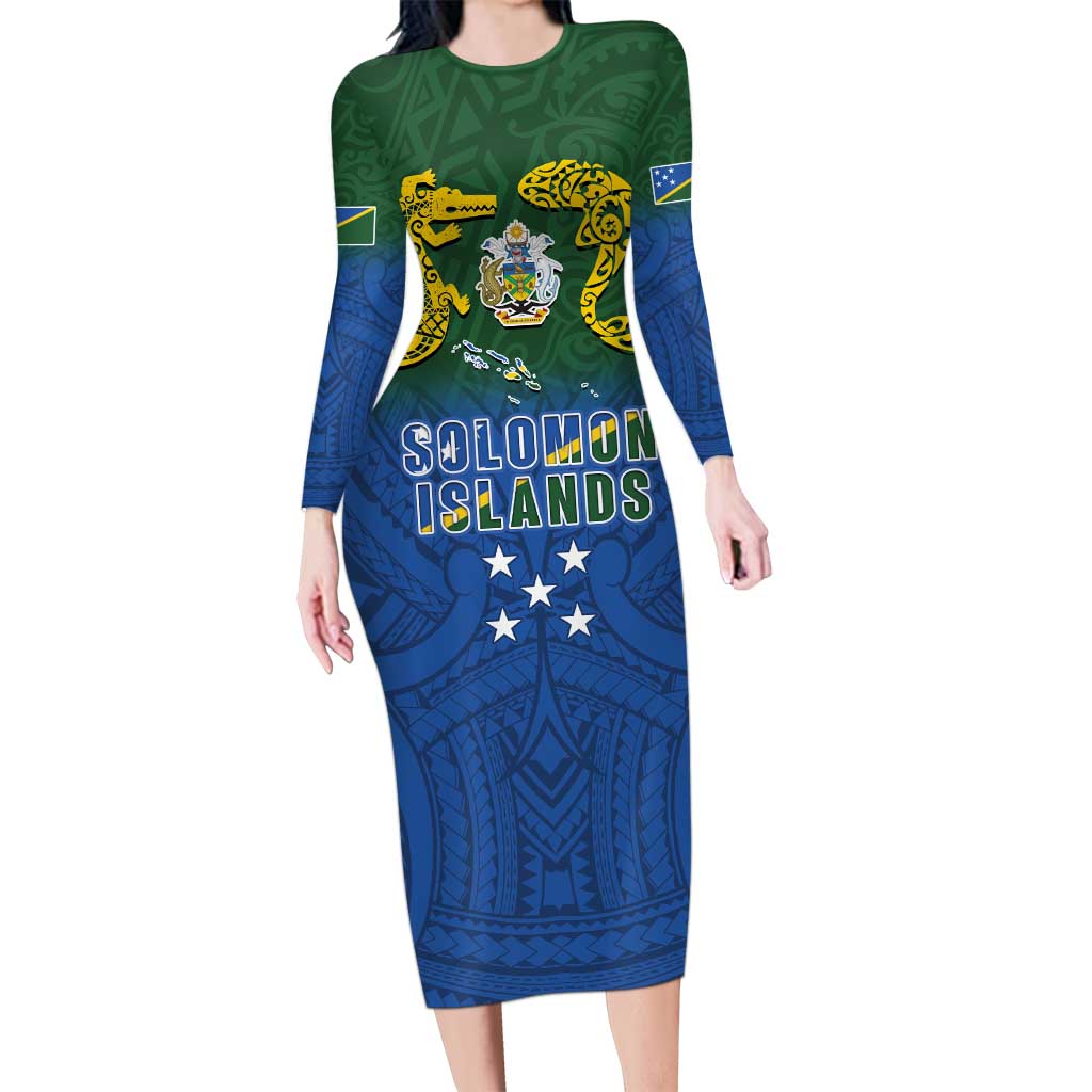 Solomon Islands Long Sleeve Bodycon Dress The Guardians-Tribal Crocodile and Shark Melanesian Tattoo