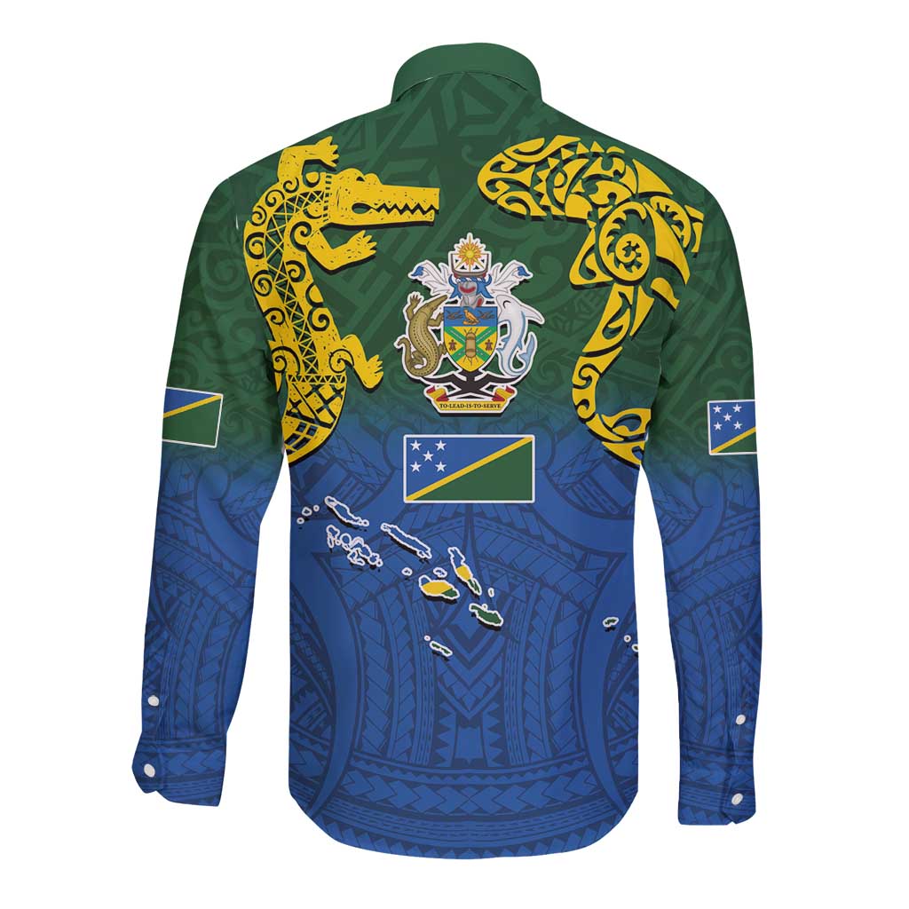 Solomon Islands Long Sleeve Button Shirt The Guardians-Tribal Crocodile and Shark Melanesian Tattoo