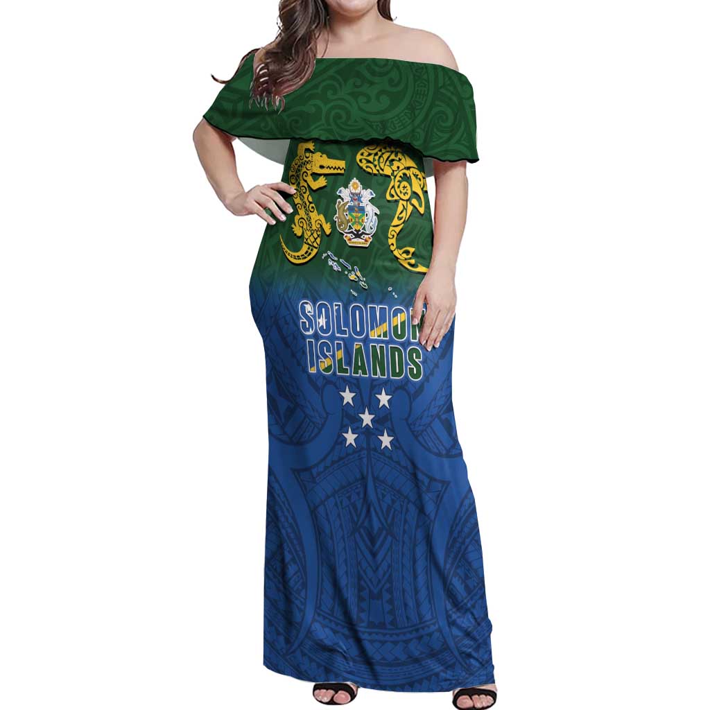 Solomon Islands Off Shoulder Maxi Dress The Guardians-Tribal Crocodile and Shark Melanesian Tattoo