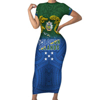 Solomon Islands Short Sleeve Bodycon Dress The Guardians-Tribal Crocodile and Shark Melanesian Tattoo