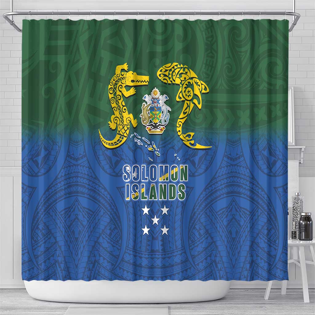 Solomon Islands Shower Curtain The Guardians-Tribal Crocodile and Shark Melanesian Tattoo